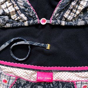 Betsey Johnson Faux Lace and Floral Bikini Set with Plaid Ruffle and Pink Trim